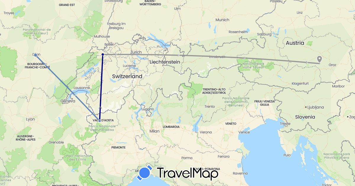 TravelMap itinerary: driving, plane, cycling in Austria, Switzerland, France, Italy (Europe)